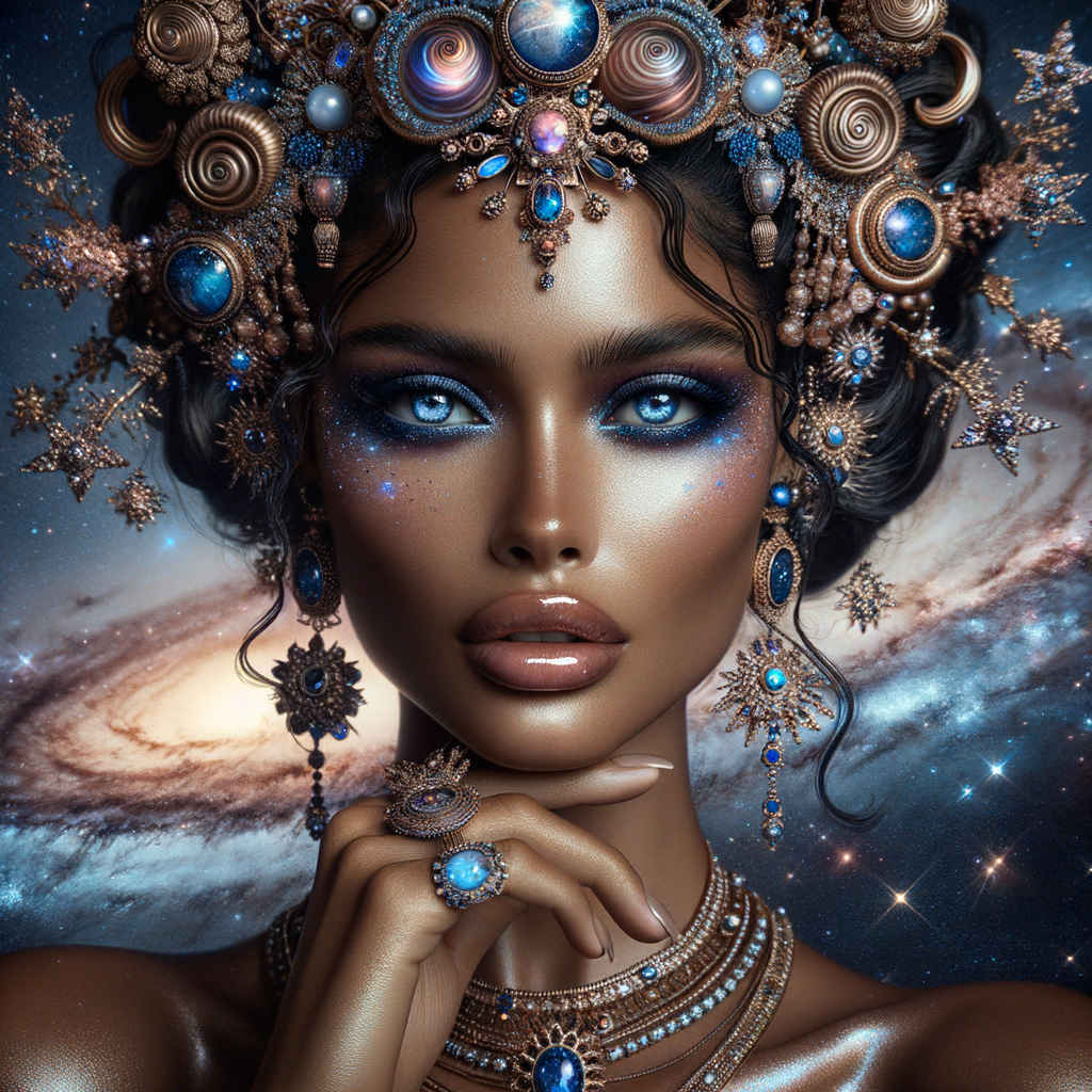 "Create a portrait of a regal  latino woman with an ethereal and cosmic theme. Her skin is a glossy tan brown, with a smooth and flawless finish that reflects light. Her eyes are a striking electric blue, like sapphires, with a makeup that accentuates their shape and the intensity of their color. Her hair is styled into an intricate array of braids, coils, and twists that cascade down and frame her face, adorned with beads and jewels that catch the light. She wears an elaborate headdress made of swirling patterns and motifs that evoke the mysteries of the universe, studded with shimmering stones and intricate enamel work in hues of blue and gold. Her attire consists of a cascade of layered necklaces and a majestic, shoulder-grazing earring, each piece detailed with a mix of precious stones, metals, and intricate beadwork. The background is a tapestry of stars and nebulas, suggesting a connection to the cosmos. Her pose is serene, with a hand gracefully touching her chin, adorned with rings that complement her other jewelry, all coming together to suggest an aura of wisdom and grace."