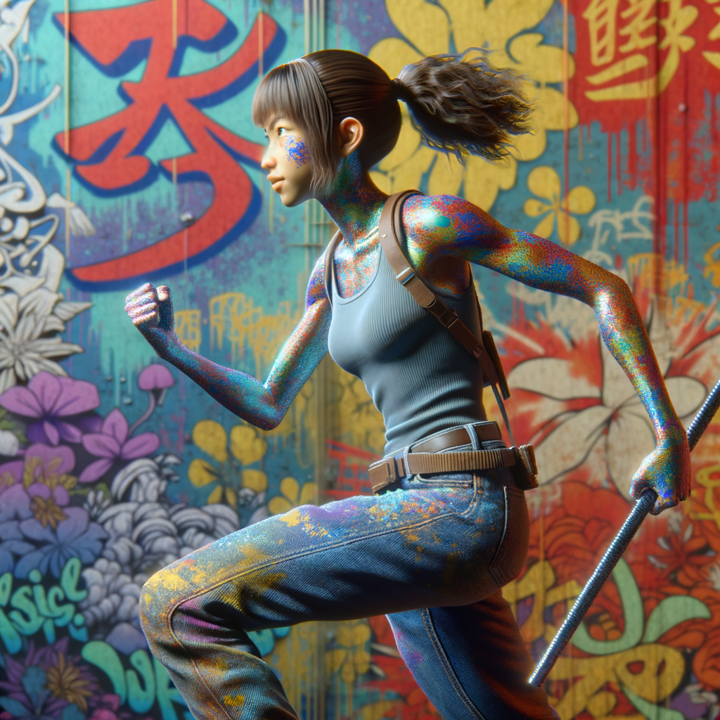 Athletic Thin skinny Attractive, Asian teenage girl, long brown hair and bangs, wearing tight skinny jeans and a halter top paint marks on her clothing, heroic pose Asian graffiti background, side view