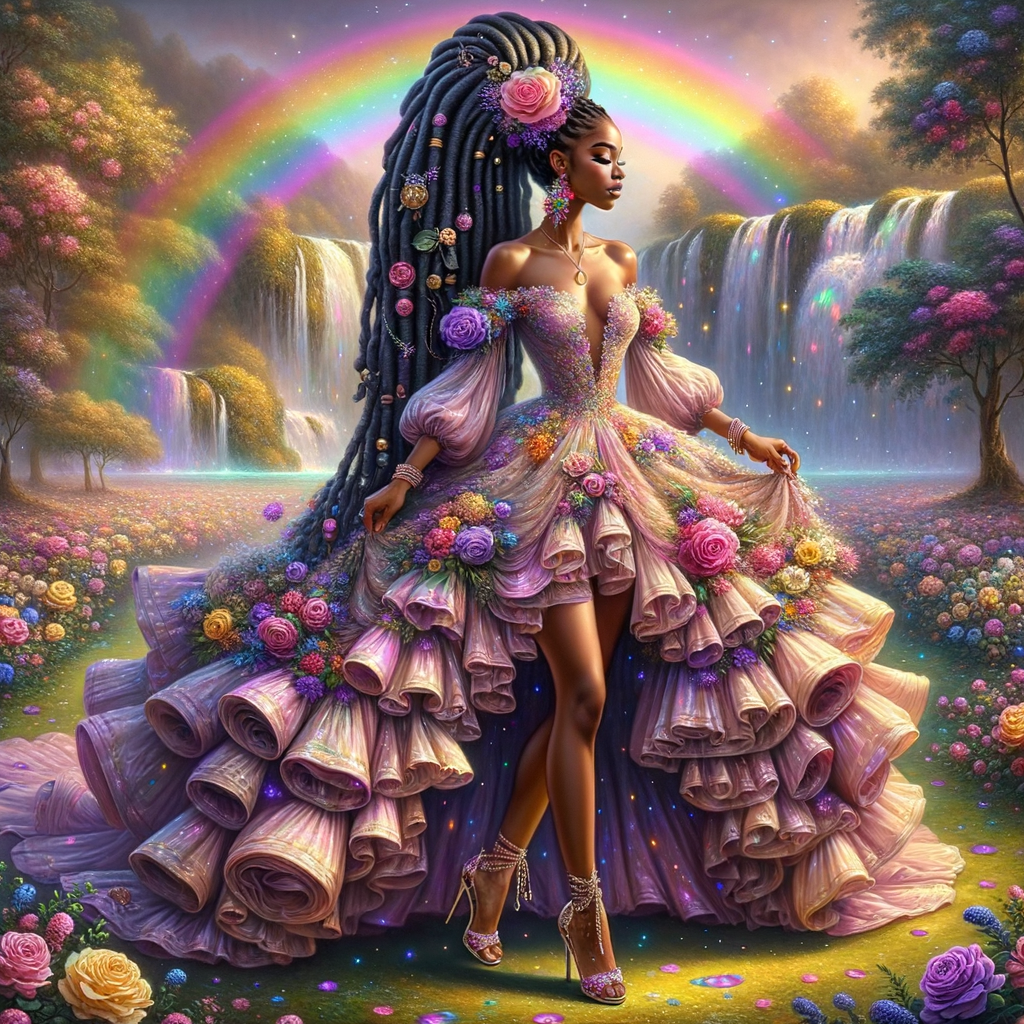 Remix Prompt
S/O Jackie Torres
S/O Panda Locke

create a animated style hyper realistic airbrush whimsical oil painting of a light African American woman wearing a flawless beautiful purple, pink, and gold blossom dress long flowing with colorful flowers and ruffles on the dress colorful jewelry made of flowers she has long black dreadlocks in a bun a colorful rose in her hair her peep toe shoes is matching her dress behind her is a beautiful waterfall liquid glowing lights beautiful colorful rainbow surrounded by beautiful roses.