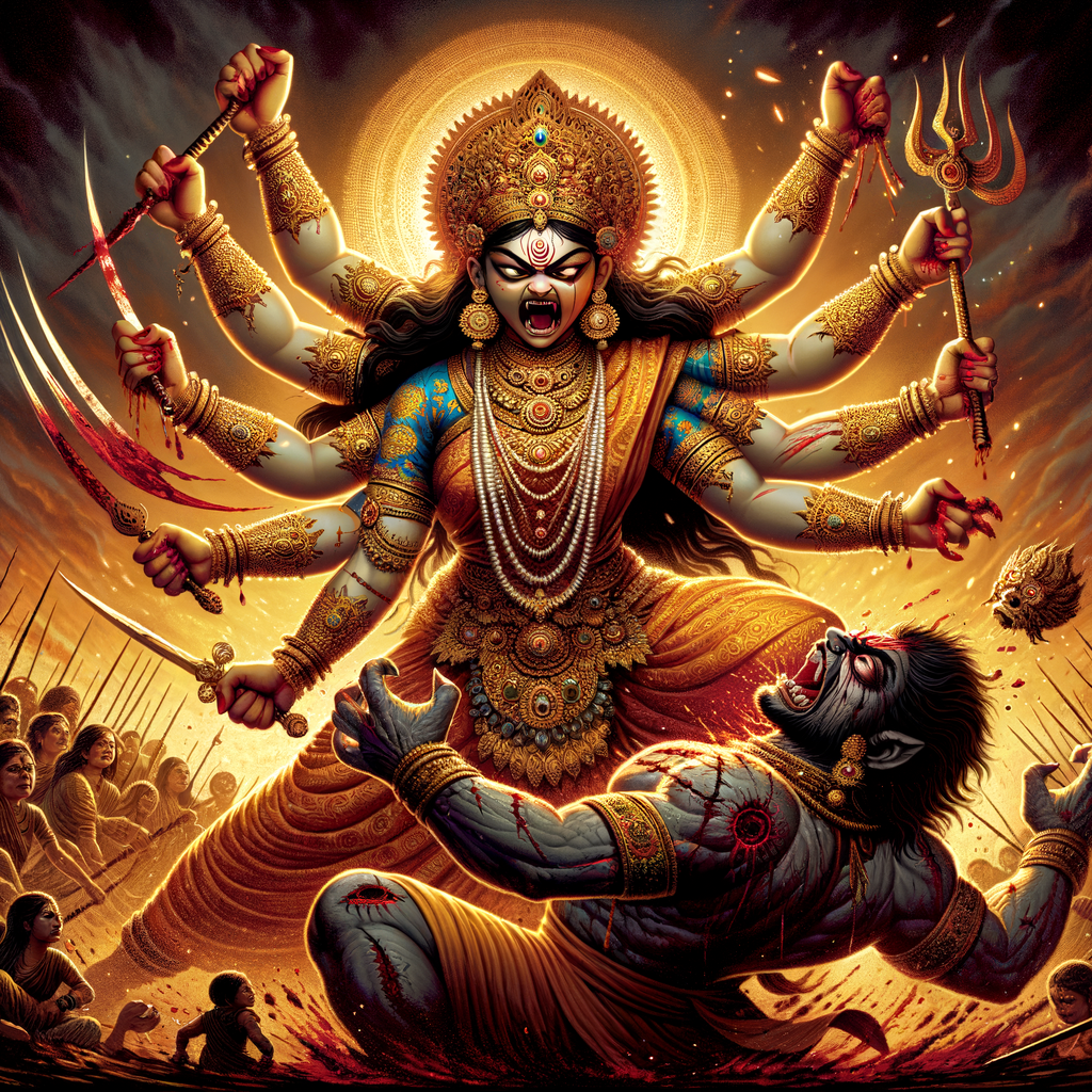 Portrait of angry four-armed goddess durga slaying mahishasur by carrying him in her arms and stabbing him with her red long nails. she should wear Gold jewelry all over the body. Mahishasur should have wounds all over his body. mahishasur should be smaller in size compared to Goddess durga. Background is an intense battlefield. reddish hue everywhere and sunset in the background.  Epic scene. 4k, HDR.