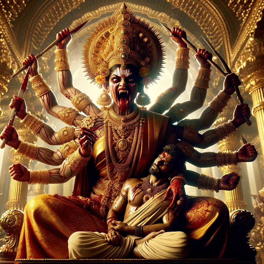 portrait of angry looking, four-armed indian goddess  sitting on a gold crown and carrying a weak mahishasur on her lap and poking his abdomen with her amazingly long red fingernails . She is wearing gold armor, a huge gold crown, gold saree, abundant  gold jewelry, covered in blood. The scene is set in ancient India. The image is 8K resolution, cinematic, photography, ultra detailed face and epic.