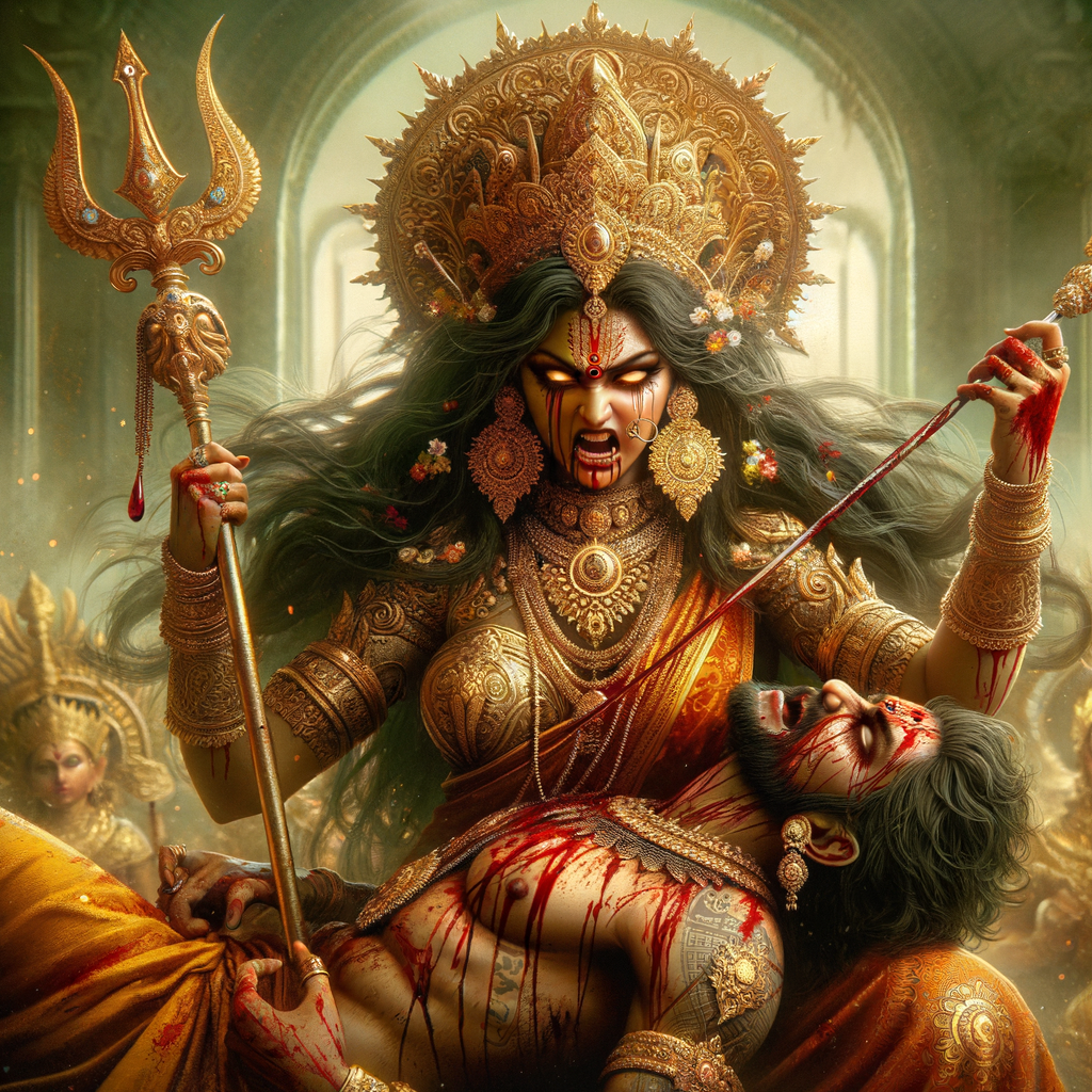 portrait of angry looking goddess durga, sitting on a gold crown and carrying a weak mahishasur on her lap and stabbing him with her amazingly designed trident. She is wearing gold armor, a huge gold crown, red saree, abundant gold jewelry, covered in blood. The scene is set in ancient India. The image is 8K resolution, cinematic, ultra detailed face and epic.