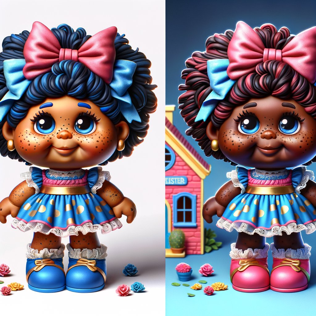 Design a 3-D realistic original African-American Cabbage Patch doll. She has on a blue pink and gold dress with matching booties. She has pink and blue bows in her hair. she lives inside of a colorful dollhouse. She has freckles and big dimples.