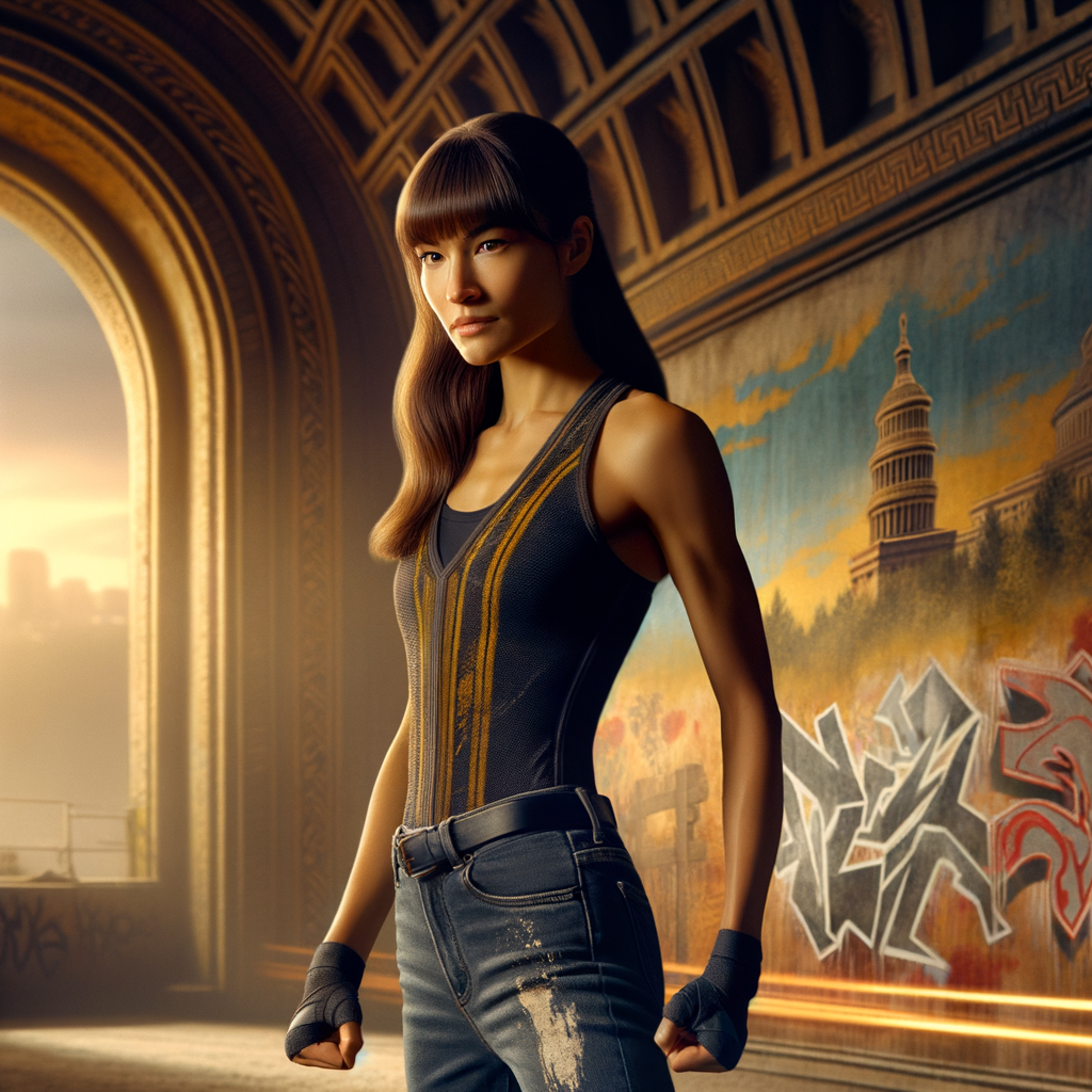 Athletic Thin skinny Attractive, Asian teenage girl, long brown hair and bangs, wearing tight skinny jeans and a halter top paint marks on her clothing, heroic pose Asian graffiti background, side view