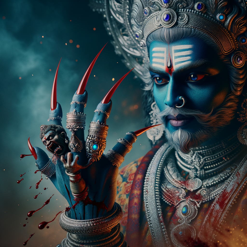 photography of angry looking, gorgeous goddess kali, blue skinned carrying a weak mahishasur in her two arms and stabbing him with her amazingly long red fingernails. She is wearing a huge silver crown, red saree, abundant silver jewelry, covered in blood. The scene is set in ancient India. The image is 8K resolution, cinematic, ultra detailed face and epic.