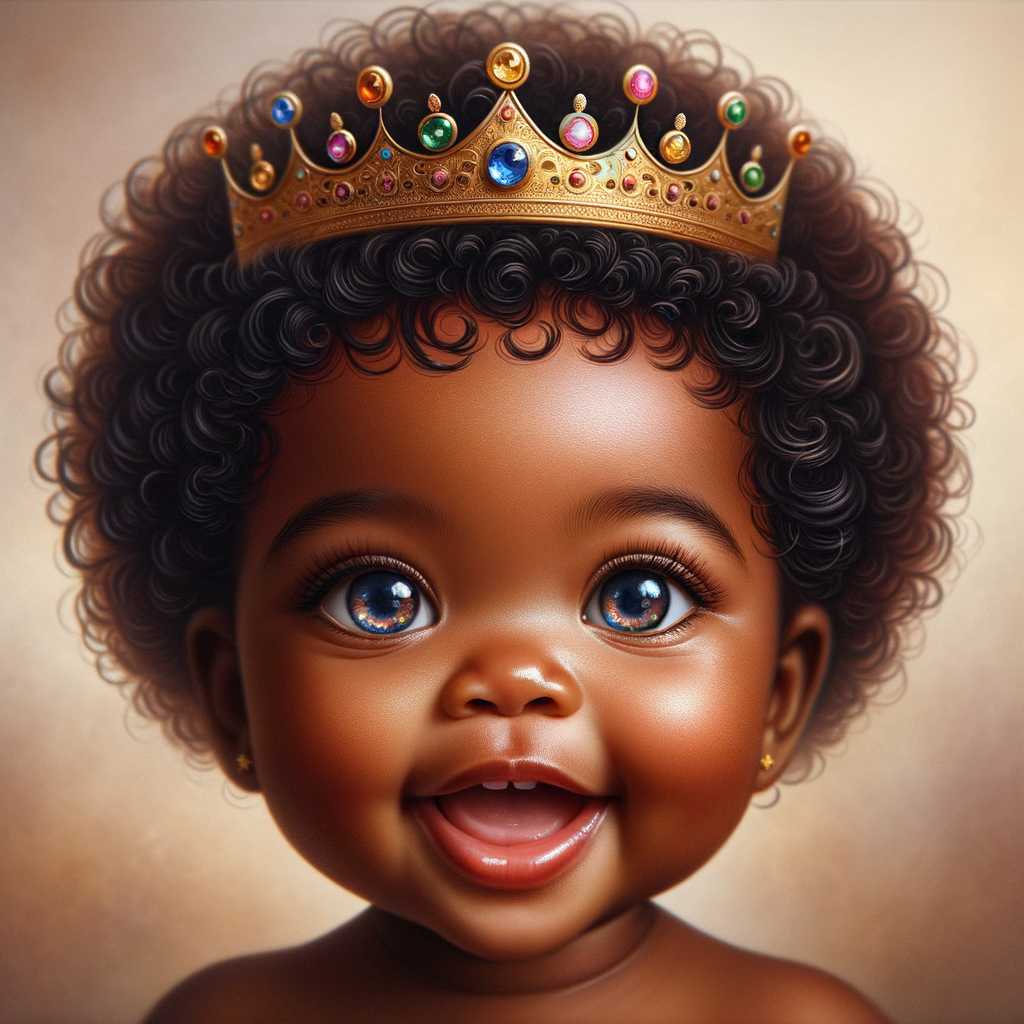 "Create a digital portrait of an adorable african-American baby girl with a joyful expression. She is wearing a gold crown with colorful jewels. Her big, bright blue eyes are wide with wonder, and her tiny mouth is shaped in a happy grin. Her skin has a warm, honey-brown tone, and she has an abundance of thick curly black hair, The background is soft and neutral to keep the focus on her delightful features. The portrait should be vibrant and heartwarming, celebrating the innocence and charm of childhood."