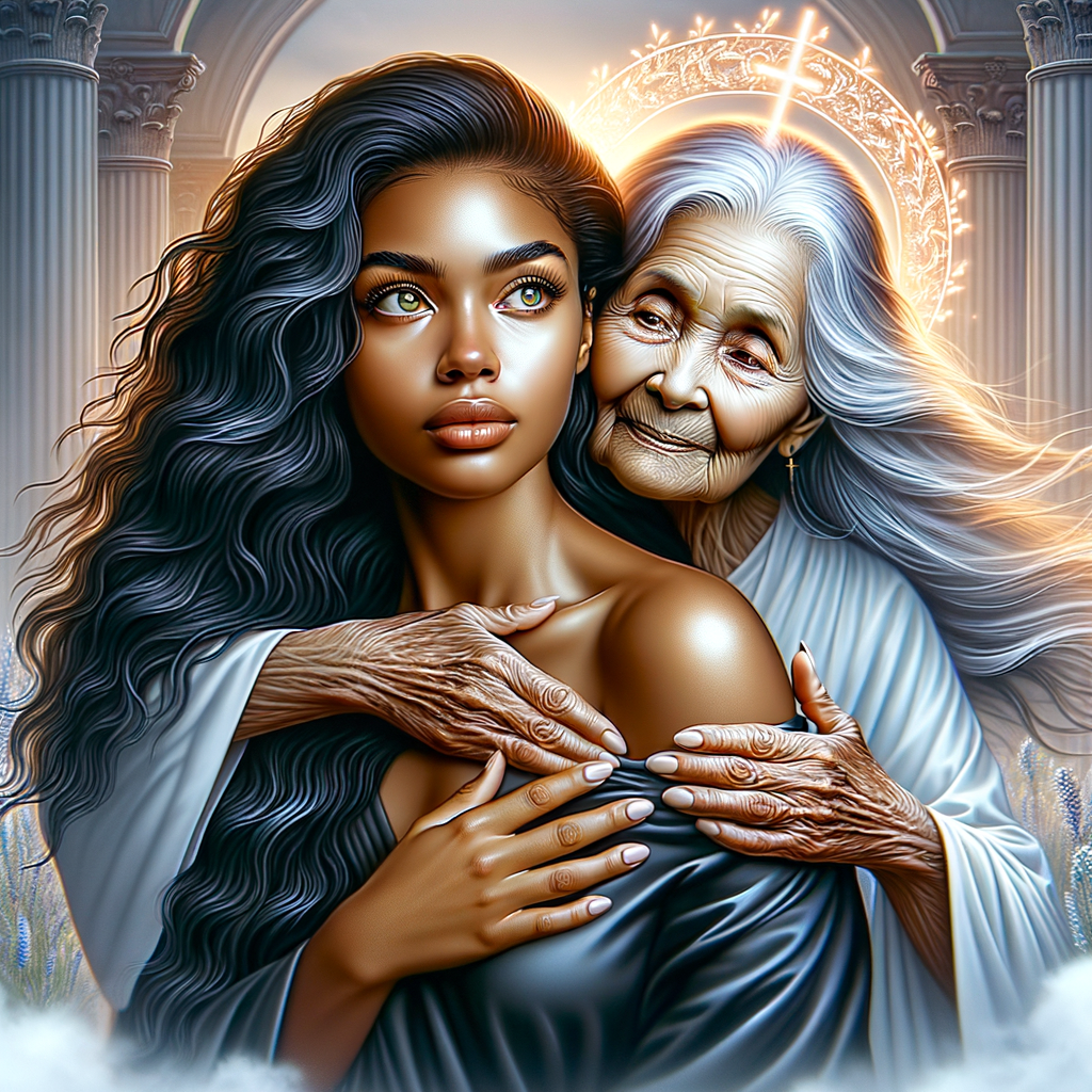 Create a realistic airbrushed illustration of an African-American woman with long, wavy black hair and hazel brown eyes, feeling a comforting embrace from her deceased grandmother, who stands behind her with arms wrapped around her in a gentle hug. The grandmother, depicted as a beautiful, ethereal presence, has graceful gray hair. Between them, a radiant cross symbolizes hope, faith, and the unbreakable bond that transcends the physical realm. This poignant scene captures a moment of spiritual connection and the enduring love between generations, set against a serene backdrop that emphasizes the sanctity of their bond. Ensure the illustration conveys a sense of peace, love, and transcendence, in a heavily HDR style at 300 dpi.