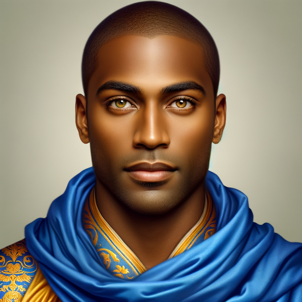 Create handsome African-American, Jesus, with Hazel Brown eyes wearing a blue and gold robe