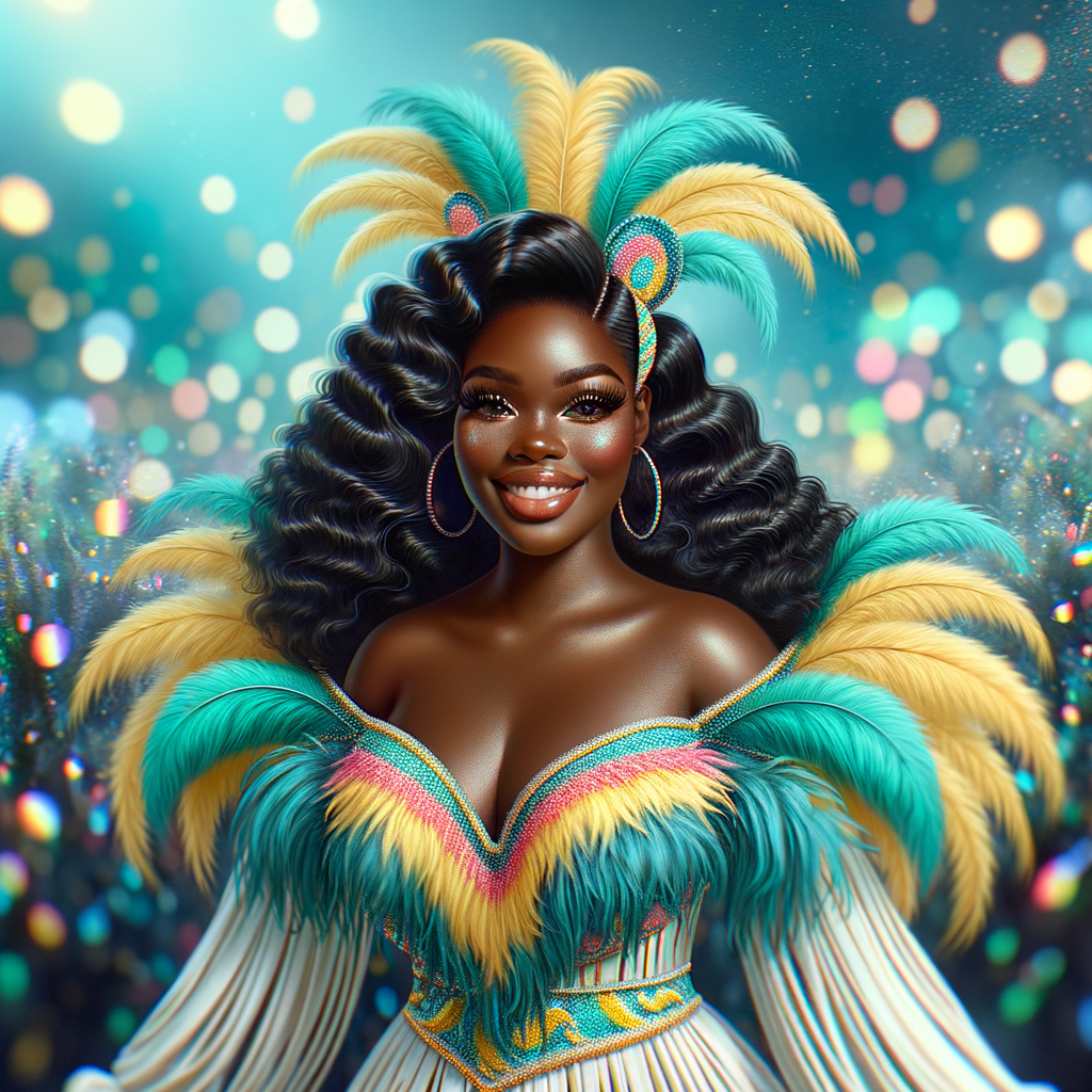 Create a 3-D  vivid full-body view of a colorful glossy hyper-realistic oil painting of a detailed illustration full length photo single image of a beautiful African-American caramel skinned woman plus sized, with long, black, wavy hair, her make up is airbrushed and flawless, she is dressed in a white, teal and yellow large, elaborate, elegant, very detailed carnival costume with colorful African-American pink, blue, gold yellow green feathers, flawless makeup, prominent lashes, black peep toe heels, white pixie hair, background bokeh, she is stunning and smiling, digital art.