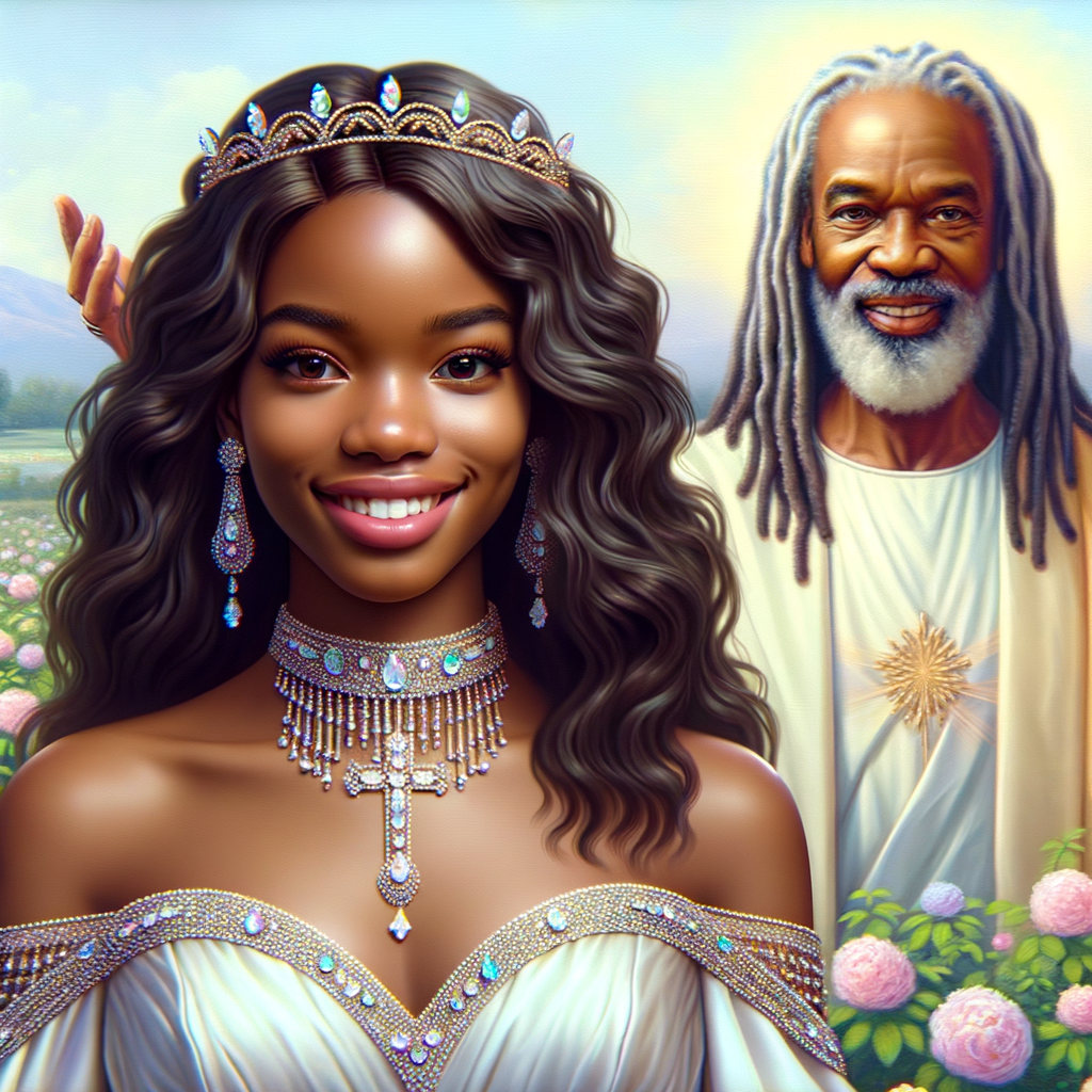 Create a 3-D realistic oil, painting of a beautiful African-American bride. She has long flooring, wavy hair and her gown has beautiful jewels around the neckline. in the background there is a beautiful African-American Jesus Christ with long dreadlocks, and he is smiling. He is very handsome pastel flowers throughout the image.