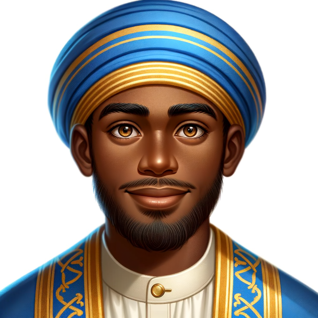 Create a African-American Jesus Christ with Hazel Brown eyes, wearing a blue and gold robe and a blue and gold head covering,He is smiling