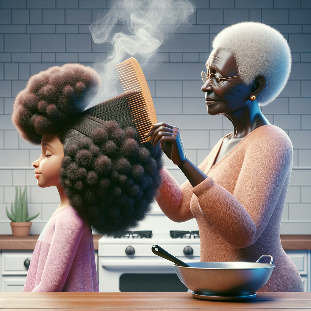 Create a realistic 3-D image of an african-American grandmother in the kitchen with her african-American granddaughter. The grandmother has a hot comb in her hair and she is straightening her granddaughters hair. One side of her granddaughters hair is in  a Afro the other is bone straight 
There is smoke coming from the hot comb