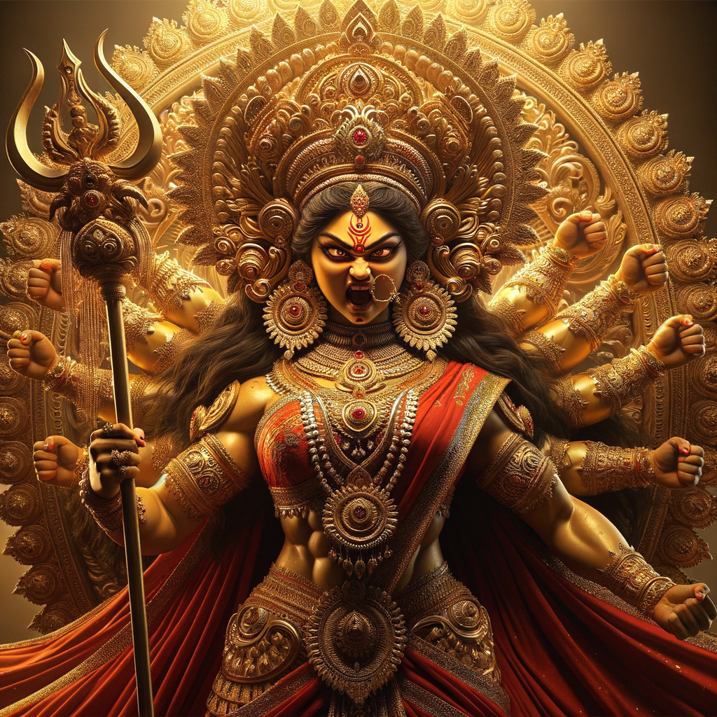 Waist up portrait of angry goddess durga  with athletic body, holding a trident, big breasts, wearing gold jewelry all over body, huge gold crown, red saree, gold armor, ultra detailed face, UHD, 8K, photography