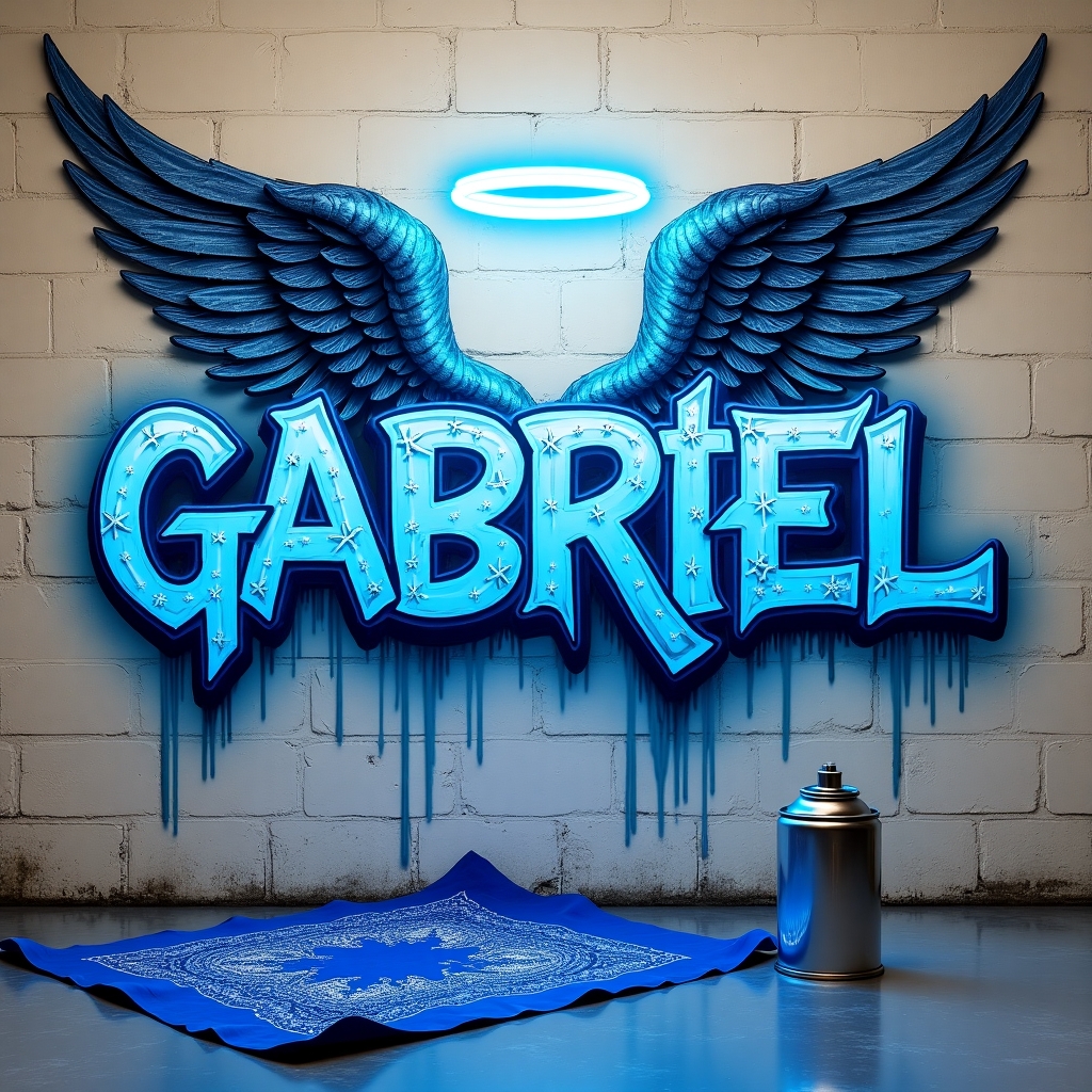 neon urban graffiti rock letters blue paisley print of name " GABRIEL" with crosses glowing. the name "GABRIEL" also has angel wings & a Silver halo hovering it. in the bottom right corner a can of spray paint dripping with metallic blue liquid. background is vanilla center block wall.blue paisley print bandana laying on the ground