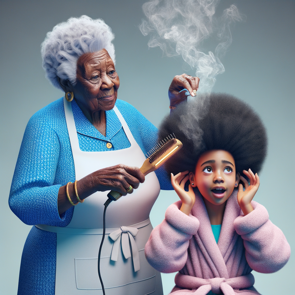 Create a realistic 3-D image of an african-American grandmother wearing a blue house dress and a white apron . She is in the kitchen with her african-American granddaughter. Her granddaughter is wearing a pink bath robe. The grandmother has a hot comb in her hand and she is straightening her granddaughters hair. One side of her granddaughters hair is in  a Afro the other straight 
There is smoke coming from the hot comb
The granddaughter is holding her ear and making a funny face