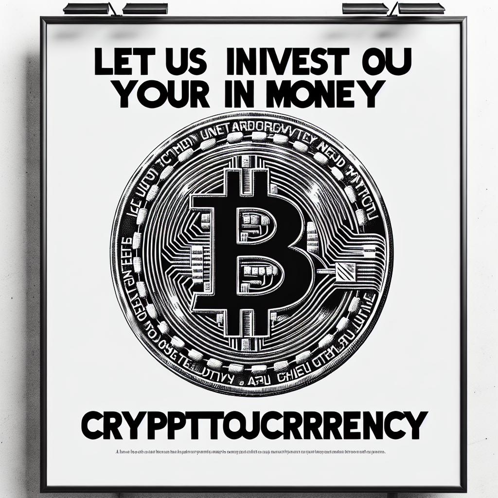 Create a black and white advertisement featuring the bold text "Let Us Invest Your Money in Cryptocurrency" superimposed on a stark, heavy black line drawing of a Bitcoin symbol in the background.