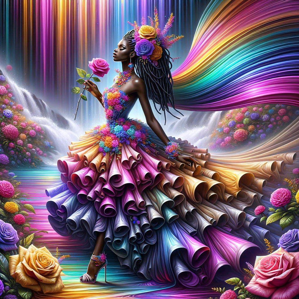 Remix Prompt
S/O Jackie Torres
S/O Panda Locke

create a animated style hyper realistic airbrush whimsical oil painting of a light African American woman wearing a flawless beautiful purple, pink, and gold blossom dress long flowing with colorful flowers and ruffles on the dress colorful jewelry made of flowers she has long black dreadlocks in a bun a colorful rose in her hair her peep toe shoes is matching her dress behind her is a beautiful waterfall liquid glowing lights beautiful colorful rainbow surrounded by beautiful roses.