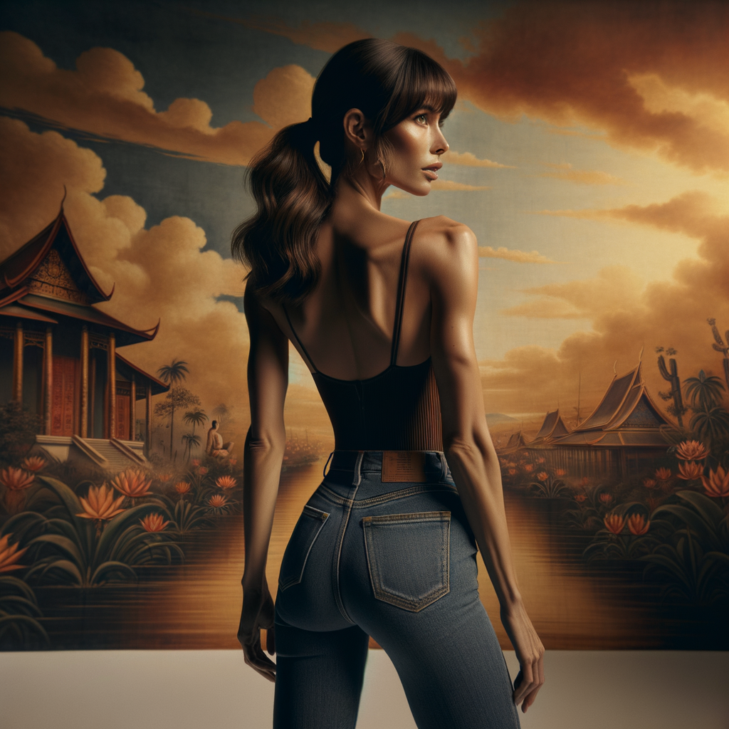 Athletic Thin skinny Attractive, Asian teenage girl, long brown hair and bangs, wearing tight skinny jeans and a halter top paint marks on her clothing, heroic pose Asian graffiti background, backside view