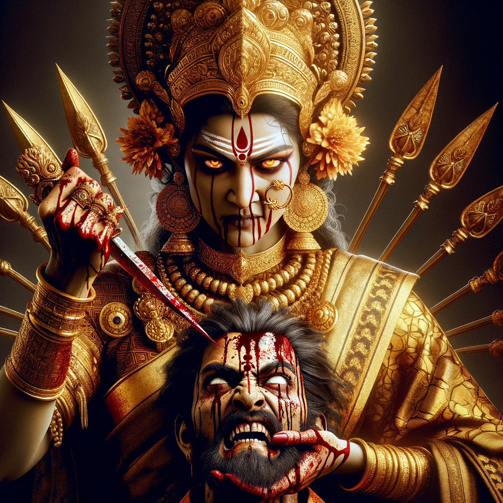 portrait of angry looking goddess durga  carrying a weak mahishasur in her two arms and stabbing him with her amazingly long red fingernails. She is wearing gold armor, a huge gold crown, gold saree, abundant  gold jewelry, covered in blood. The scene is set in ancient India. The image is 8K resolution, cinematic, ultra detailed face and epic.