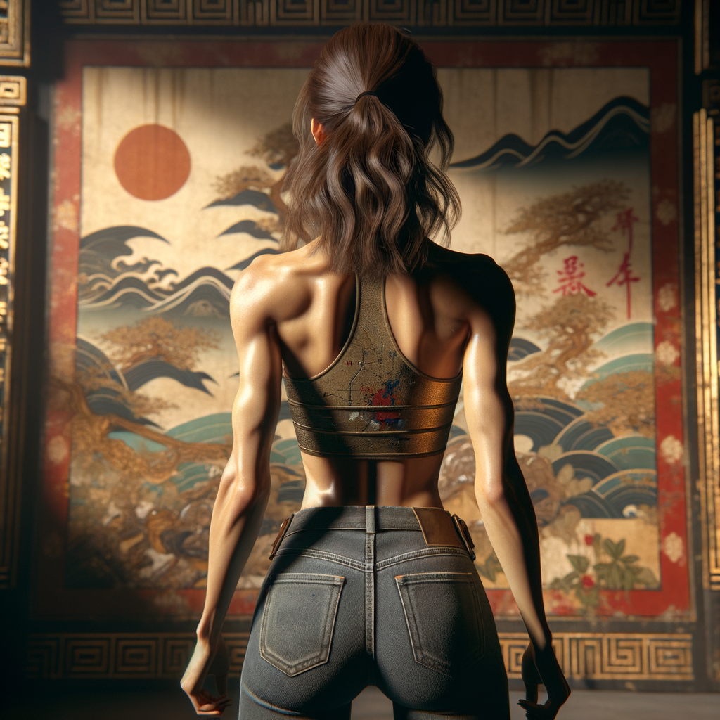 Athletic Thin skinny Attractive, Asian teenage girl, long brown hair and bangs, wearing tight skinny jeans and a halter top paint marks on her clothing, heroic pose Asian graffiti background, backside view