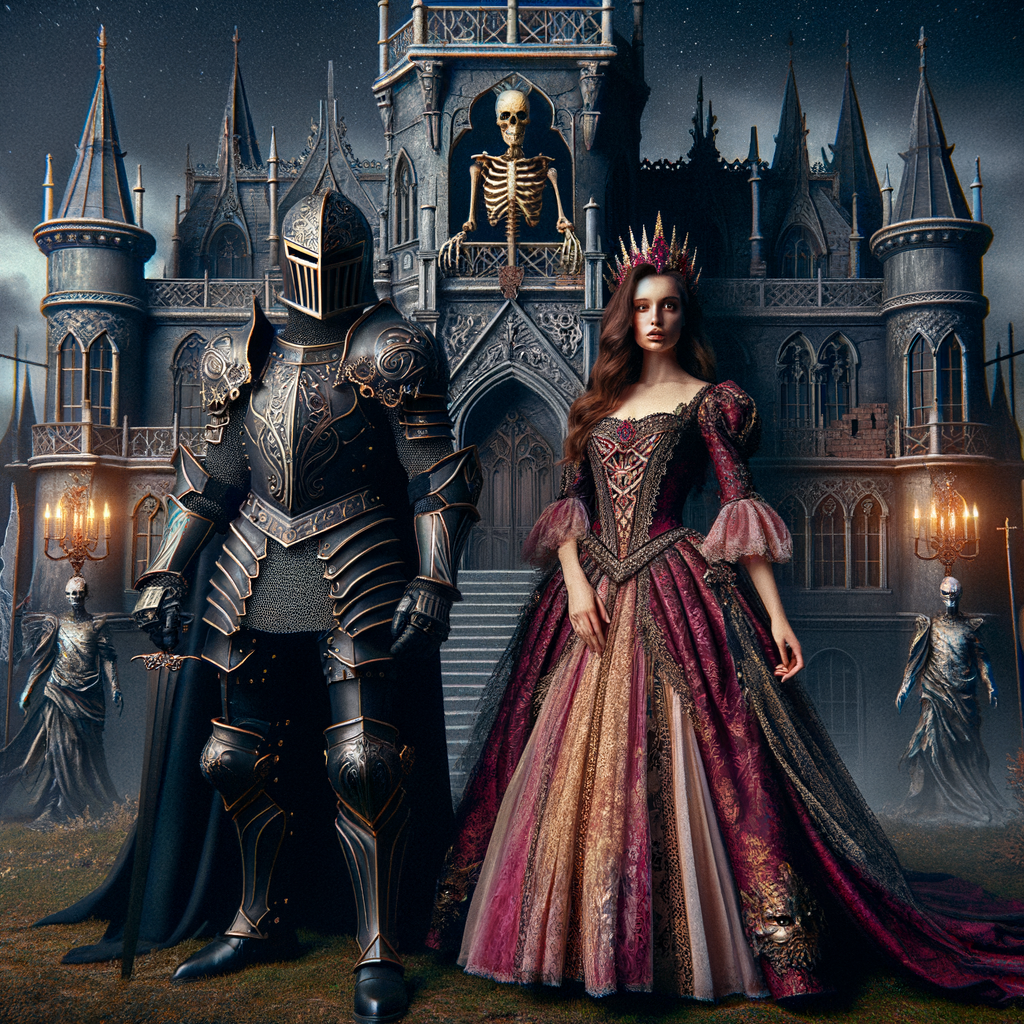 Black and grey knight standing with a Greek queen who has a burgundy , gold and pink dress on in front of a undead castle