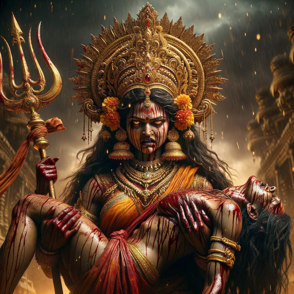 portrait of angry looking goddess durga  carrying a weak mahishasur in her arms and stabbing him with her amazingly designed trident. She is wearing a huge gold crown, red saree, abundant  gold jewelry, covered in blood. The scene is set in ancient India. The image is 8K resolution, cinematic, ultra detailed face and epic.