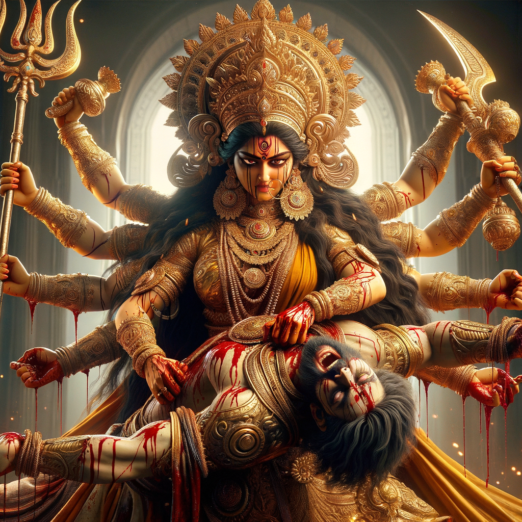 portrait of angry looking goddess durga slaying a weak mahishasur by carrying him in her two arms and stabbing him with her amazingly designed trident. She is wearing gold armor, a huge gold crown, gold saree, abundant  gold jewelry, covered in blood. The scene is set in ancient India. The image is 8K resolution, cinematic, ultra detailed face and epic.