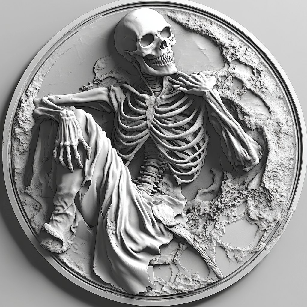 Design a high-contrast grayscale 3d bas relief of death, The composition should be circular like a coin emblem, designed for CNC routing with balanced lighting to accentuate fine details, sharp edges, and distinct textures. Employ deep shadows and strong highlights to define planes and surfaces clearly.