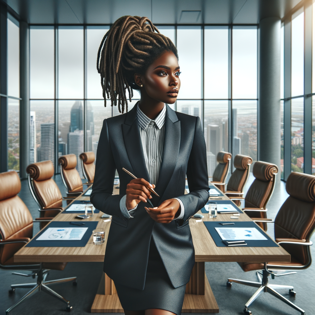 Describe a sophisticated Black woman with a caramel 
complexion, styled locs, and a sleek business suit, leading 
a boardroom discussion on environmental sustainability in 
a sleek urban office building."