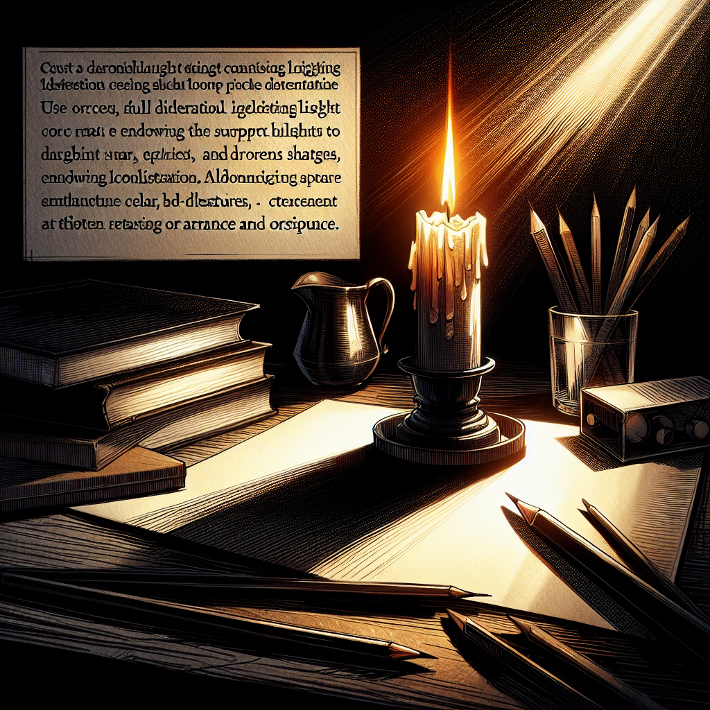 A lone candle in the center of a table, its flame casting a warm glow on a nearby book, while the edges of the scene fade into darkness.