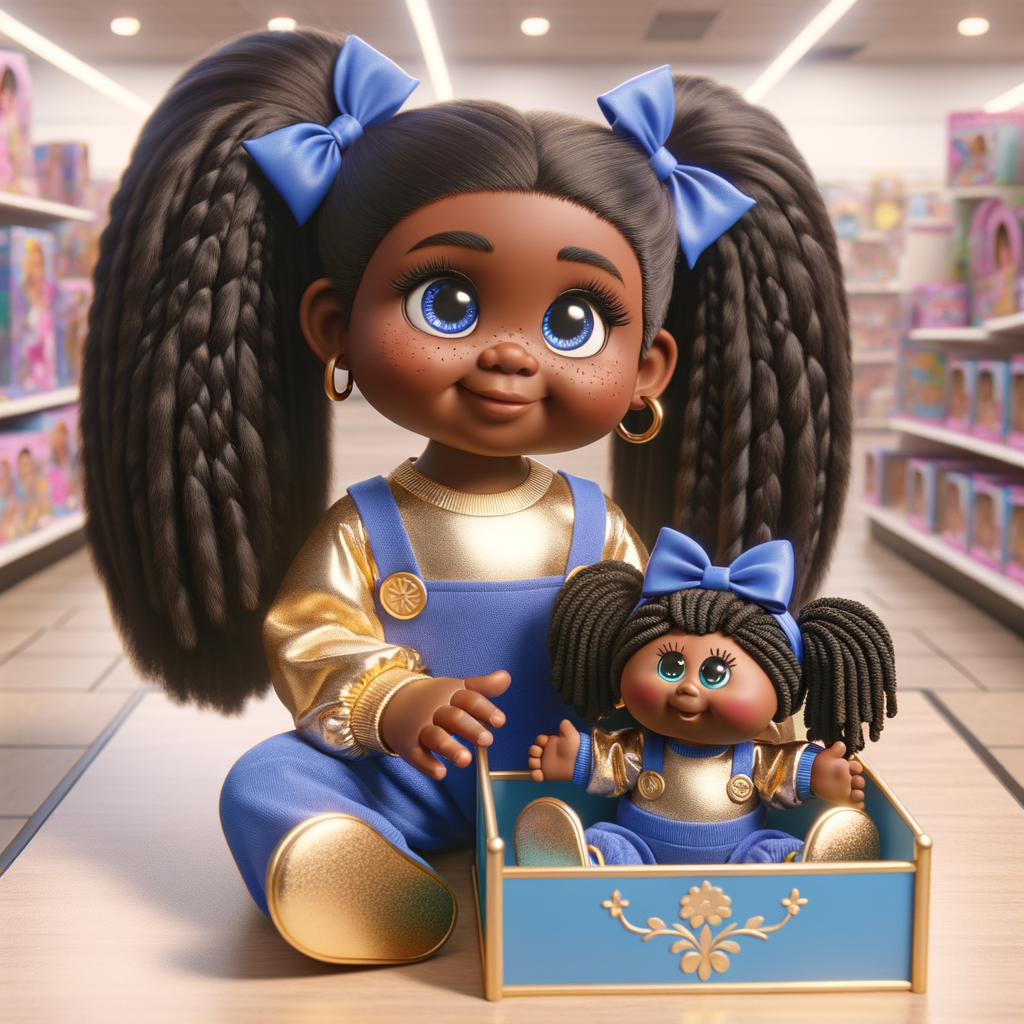 Create a 3-D image of an african-American little girl inside of a medium size, toy store. The little girl has thick long, ponytails and huge blue eyes. She has on a gold and blue jumpsuit with matching bows, She is playing with her favorite african-American cabbage patch doll, the doll has deep, dimples, and freckles and looks just like her