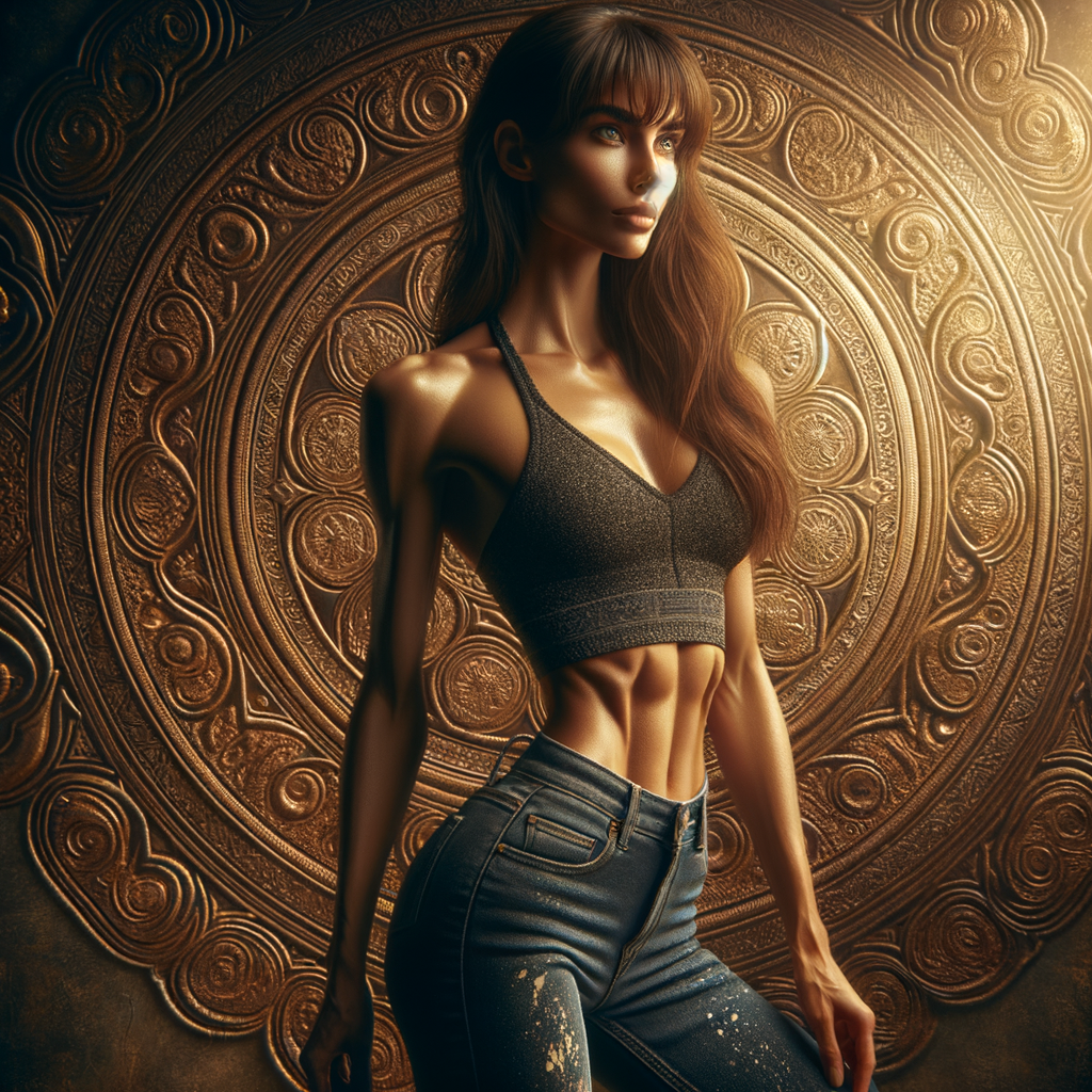 Athletic Thin skinny Attractive, Asian teenage girl, long brown hair and bangs, wearing tight skinny jeans and a halter top paint marks on her clothing, heroic pose Asian graffiti background, side view