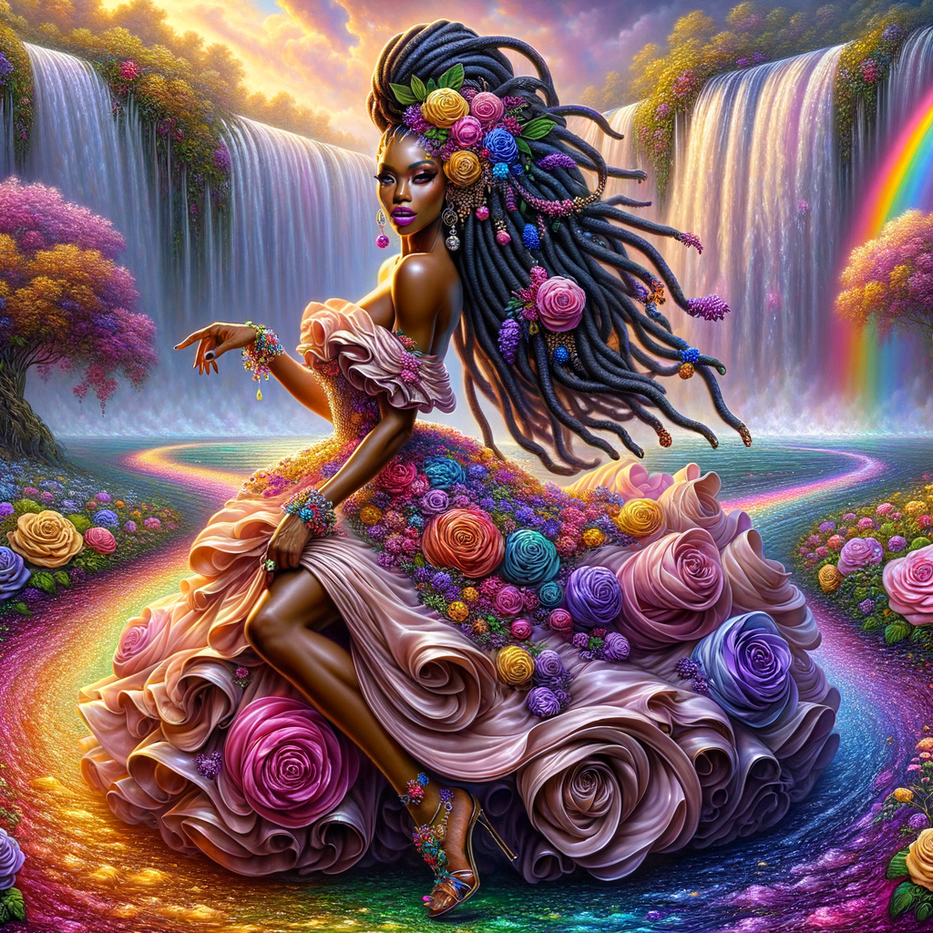 Remix Prompt
S/O Jackie Torres
S/O Panda Locke

create a animated style hyper realistic airbrush whimsical oil painting of a light African American woman wearing a flawless beautiful purple, pink, and gold blossom dress long flowing with colorful flowers and ruffles on the dress colorful jewelry made of flowers she has long black dreadlocks in a bun a colorful rose in her hair her peep toe shoes is matching her dress behind her is a beautiful waterfall liquid glowing lights beautiful colorful rainbow surrounded by beautiful roses.