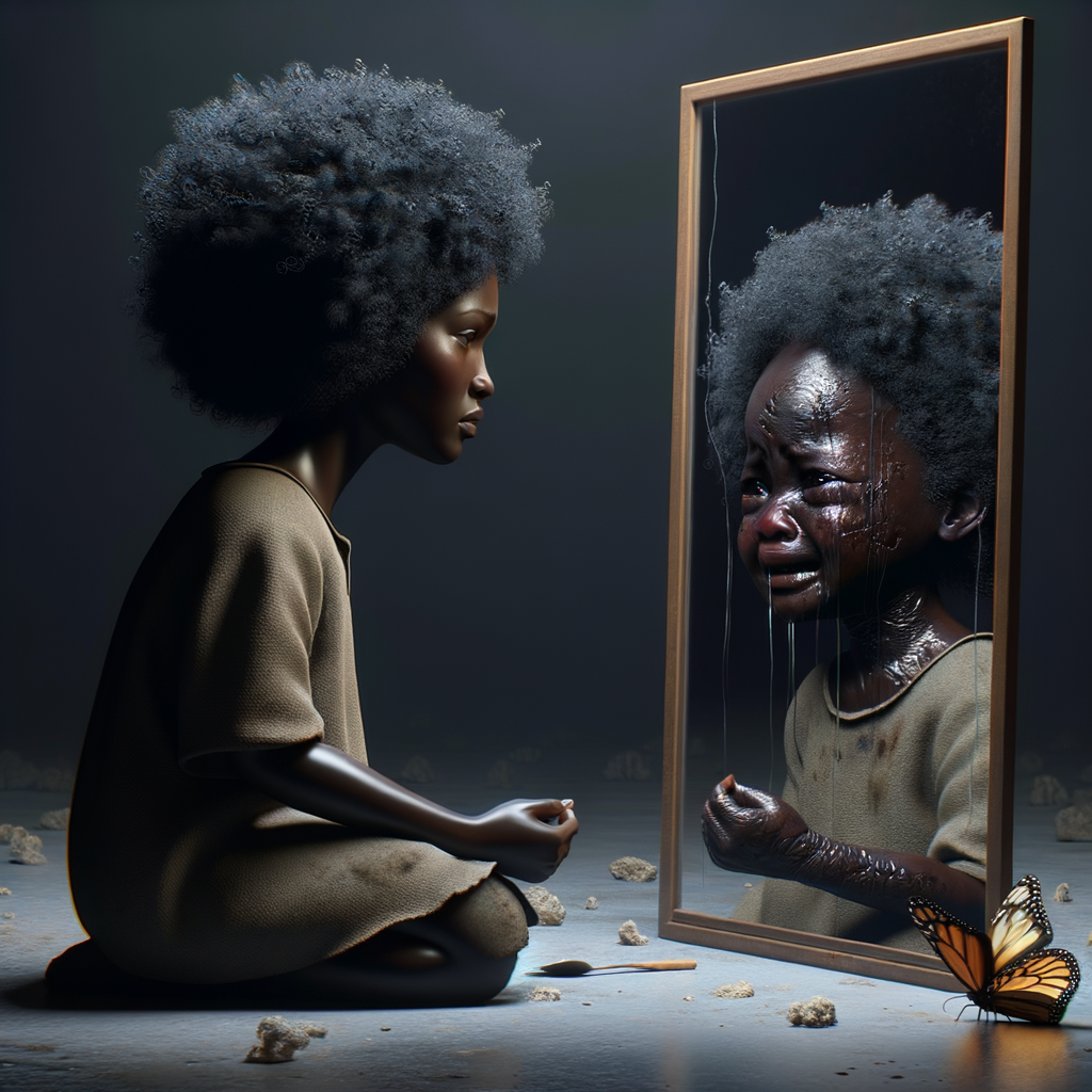 Create a 3-D realistic, adult african-American, female 
Did curly black hair, dark skin, looking at herself in a mirror, but the child that she sees in the reflection is dirty and crying and has scars, and there is a fallen butterfly