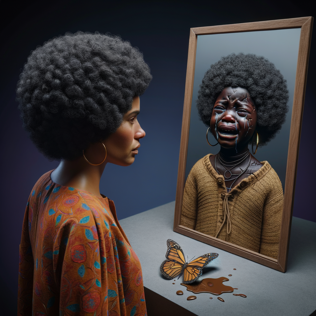 Create a 3-D realistic, adult african-American, female 
Did curly black hair, dark skin, looking at herself in a mirror, but the child that she sees in the reflection is dirty and crying and has scars, and there is a fallen butterfly