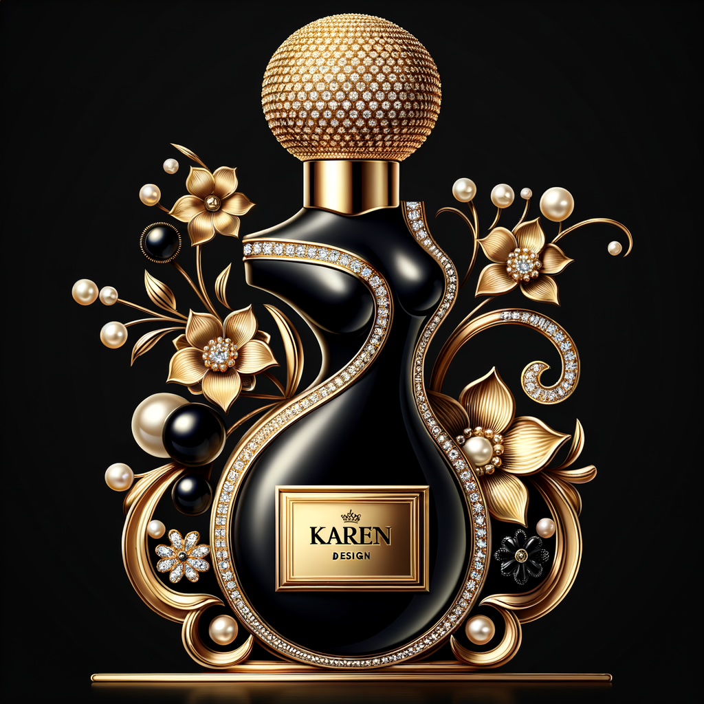 Design a fancy, black and gold bottle of perfume in the shape of a woman’s body. With a golden diamond top, flowers pearls and Diamonds in the name, Karen