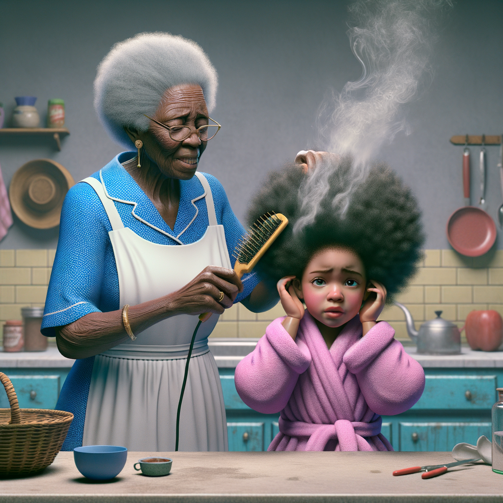 Create a realistic 3-D image of an african-American grandmother wearing a blue house dress and a white apron . She is in the kitchen with her african-American granddaughter. Her granddaughter is wearing a pink bath robe. The grandmother has a hot comb in her hand and she is straightening her granddaughters hair. One side of her granddaughters hair is in  a Afro the other straight 
There is smoke coming from the hot comb
The granddaughter is holding her ear and making a funny face