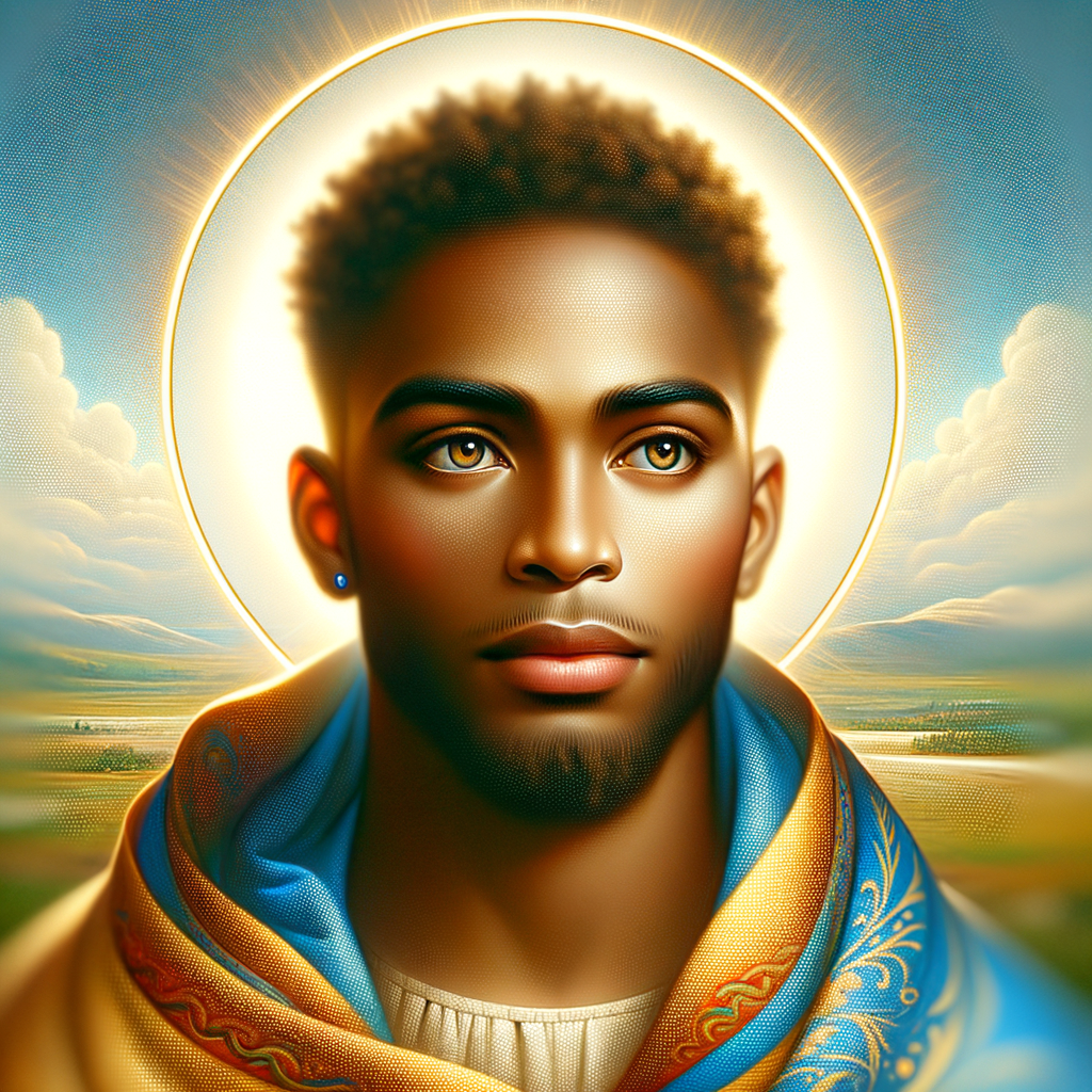 Create a beautiful African-American Jesus Christ with Hazel, brown eyes and blue and gold robe