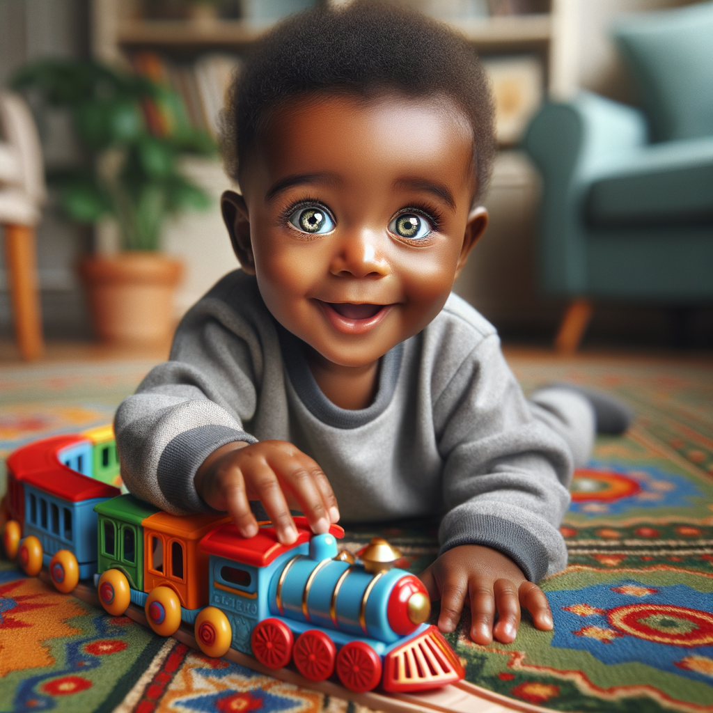 African-American baby boy with huge green eyes, playing with a train