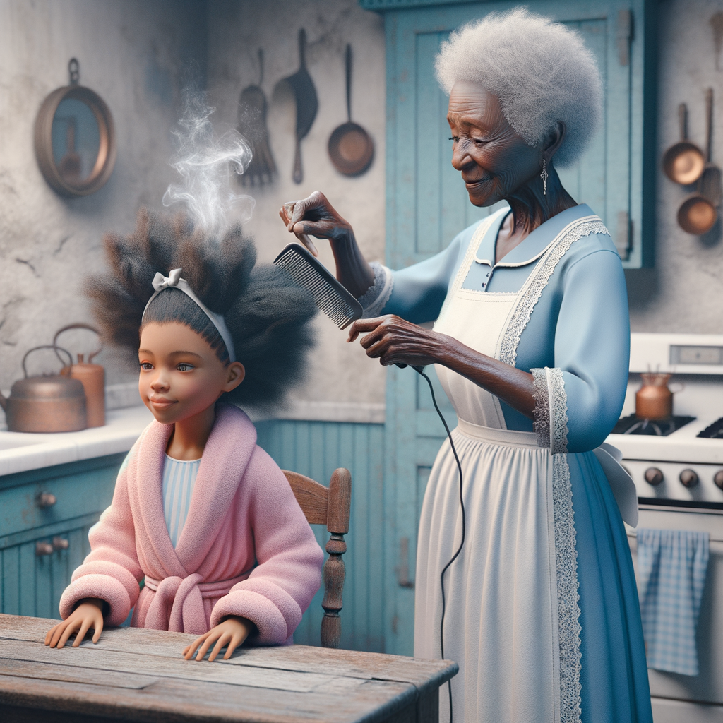 Create a realistic 3-D image of an african-American grandmother wearing a blue house dress and a white apron . She is in the kitchen with her african-American granddaughter. Her granddaughter is wearing a pink bath robe. The grandmother has a hot comb in her hand and she is straightening her granddaughters hair. One side of her granddaughters hair is in  a Afro the other straight 
There is smoke coming from the hot comb
The granddaughter is making a face