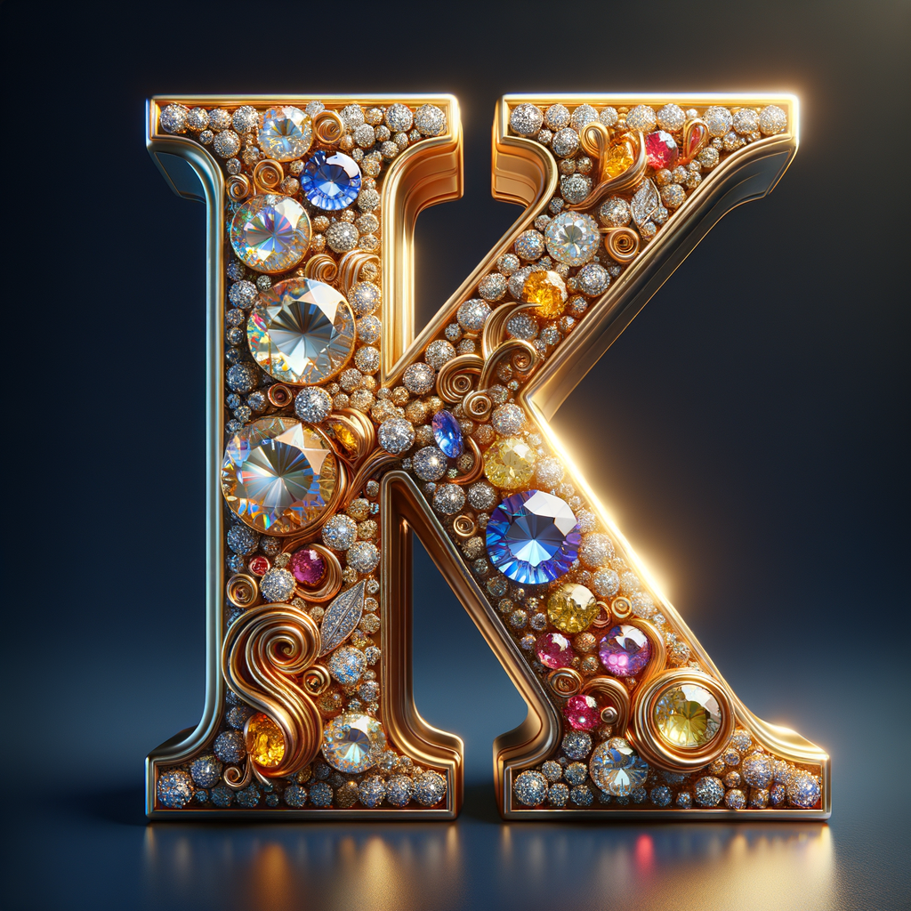 Create a 3-D realistic image with the letters  K.S. in gold raised letters , Add diamonds and colorful jewels