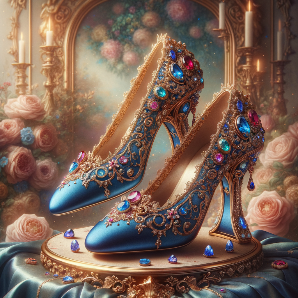 Imagine a pair of enchanting shoes, each a mirror image of the other, placed gracefully upon a regal surface. They are bathed in the soft, diffuse light that casts gentle reflections upon their silk fabric. These shoes are no ordinary footwear; they are a masterpiece of vibrant royal blue, adorned with ornate golden filigree and a multitude of glittering jewels in various hues—rubies, sapphires, emeralds, and delicate pink diamonds. Each shoe boasts an elegant, curved heel in a matching vivid blue, with tiny red and blue gems accenting the base. The shoes are positioned against a backdrop of soft-focus flowers, their pastel colors complementing the rich tones of the shoes, with hints of gold framing providing a touch of opulence. This image captures the essence of a fairy tale brought to life, a visual symphony of color and splendor.