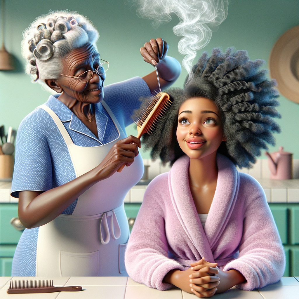 Create a realistic 3-D image of an african-American grandmother wearing a blue house dress and a white apron . She is in the kitchen with her african-American granddaughter. Her granddaughter is wearing a pink bath robe. The grandmother has a hot comb in her hand and she is straightening her granddaughters hair. One side of her granddaughters hair is in  a Afro the other straight 
There is smoke coming from the hot comb
The granddaughter is making a face