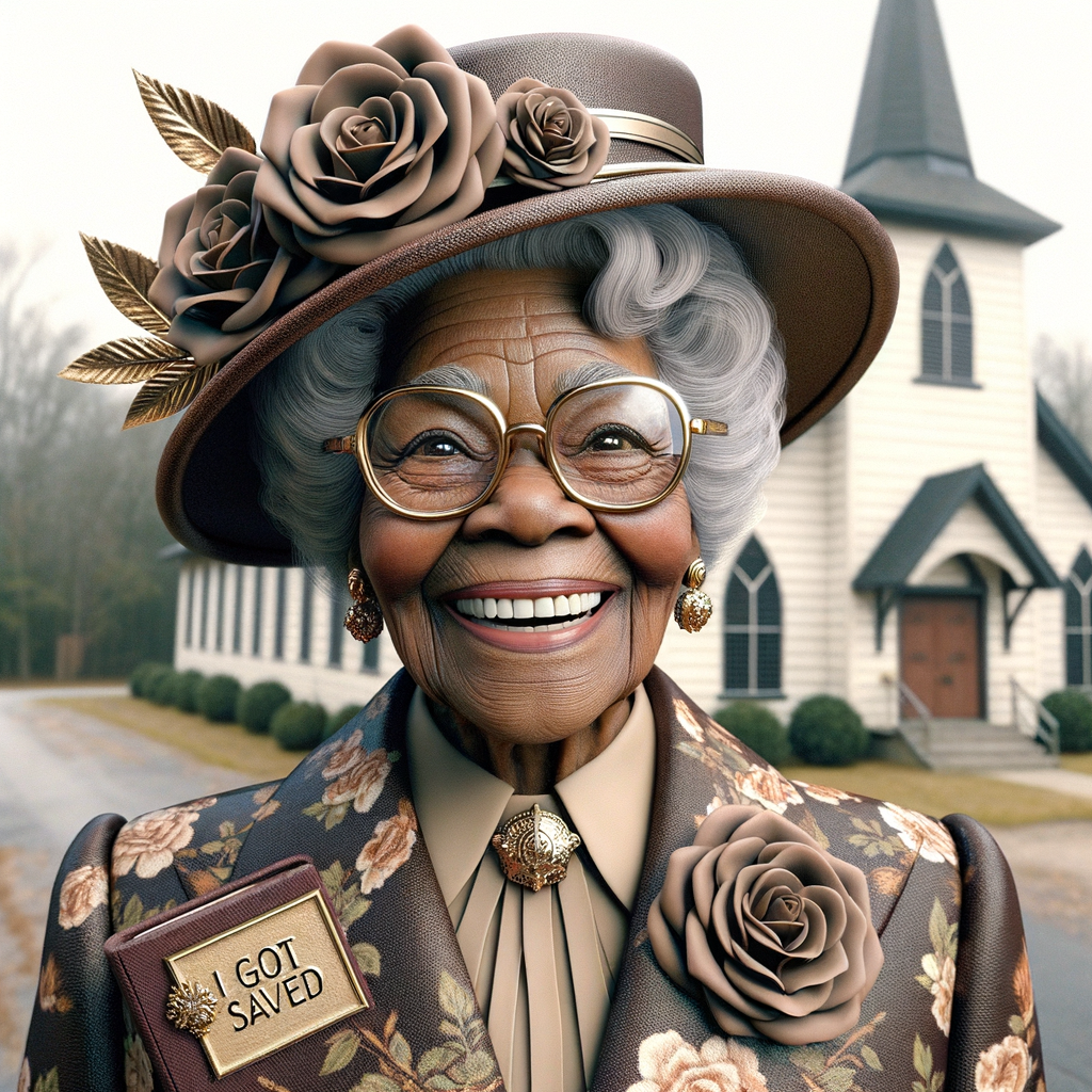 Create a 3-D realistic, elderly African-American woman stands in front of a quaint church, exuding joy with the biggest smile on her face. Her eyes are magnified by large, round glasses, and her gray hair is styled neatly beneath a stylish church hat adorned with roses and intricate golden details. She's dressed in an elegant jacket with a floral pattern in shades of brown and gold, complementing her hat. On her jacket, a prominent brooch adds a touch of sophistication. She holds a book titled "I Got Saved" in her gloved hands, showcasing her spiritual milestone with pride and delight.