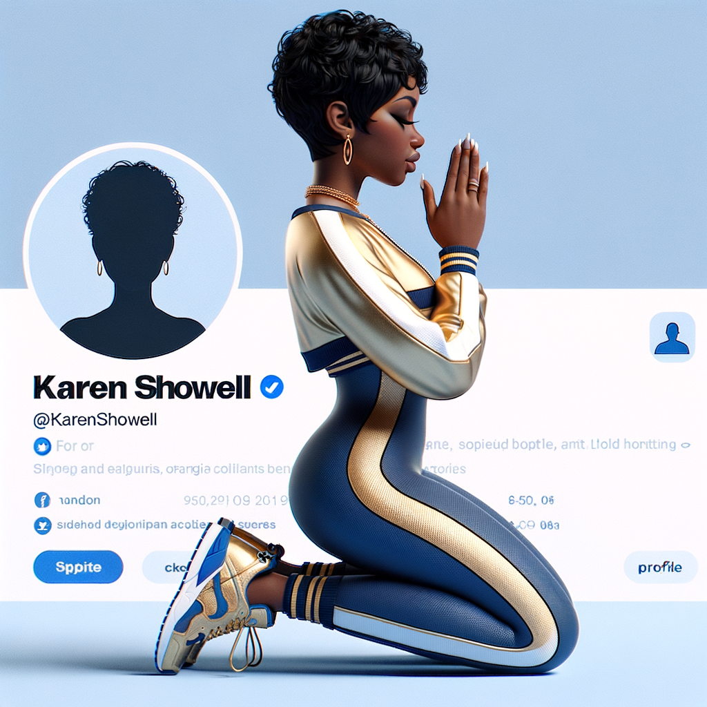 Create a 3D illustration of a realistic light skinned African-American woman on The remote her knees Praying , she has a black pixie cut haircut FACEBOOK social media with a FACEBOOK BACKGROUND . She is wearing a gold and blue jumpsuit and gold and blue Nike gym shoes. The background is a FACEBOOK social media profile with a user name “KAREN SHOWELL ” and profile FACEBOOK Cover