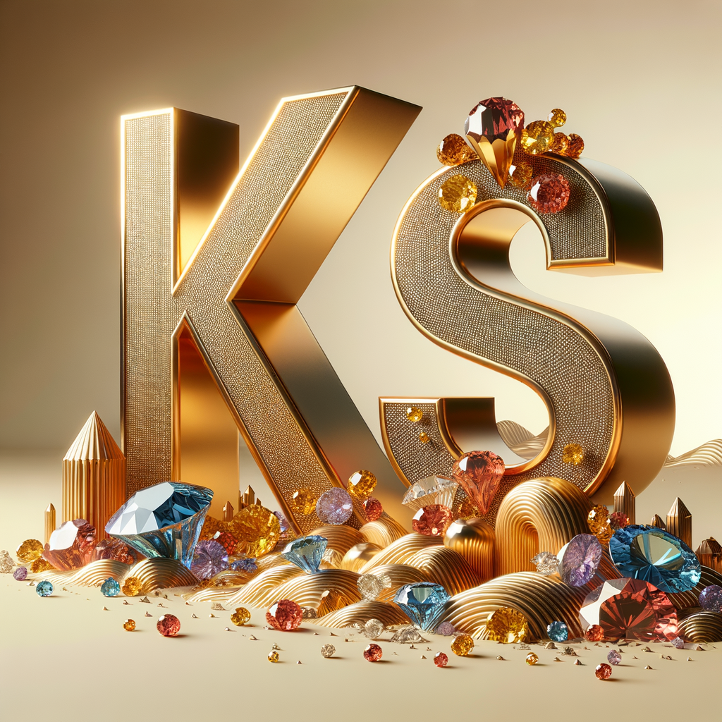 Create a 3-D realistic image with the letters  K.S. in gold raised letters , Add diamonds and colorful jewels