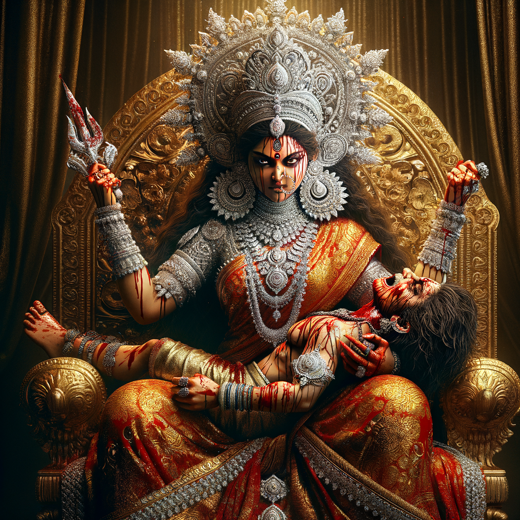 portrait of angry looking goddess durga, sitting on a gold crown and carrying a weak mahishasur on her lap. She is wearing diamond armor, a huge diamond crown, red saree, abundant diamond jewelry, covered in blood. The scene is set in ancient India. The image is 8K resolution, cinematic, ultra detailed face and epic.