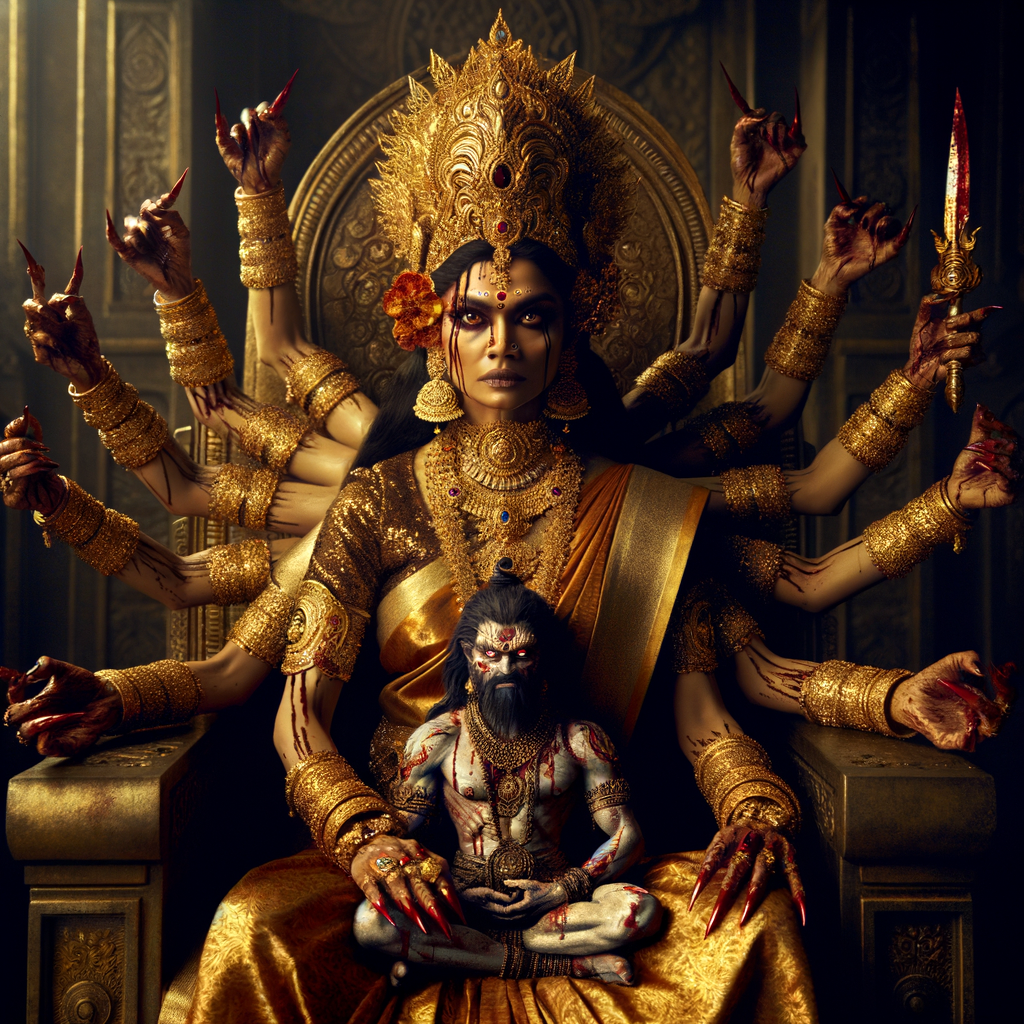 portrait of angry looking, four-armed indian goddess  sitting on a gold crown and carrying a weak mahishasur on her lap and poking his abdomen with her amazingly long red fingernails . She is wearing gold armor, a huge gold crown, gold saree, abundant  gold jewelry, covered in blood. The scene is set in ancient India. The image is 8K resolution, cinematic, photography, ultra detailed face and epic.