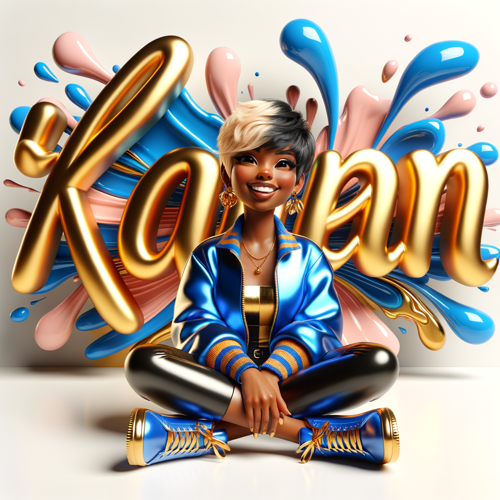 3D writing name "KAREN" bold glossy gold. There is a beautiful African-American latino woman, smiling with a black and blonde pixie cut hairdo,blue and gold trendy jacket and outfits in blue, pink, and gold tones, sport shoes, sitting under the name. Her outfits are glossy. dynamic color explosion background, of pink, blue, gold colors, splashed on white wall