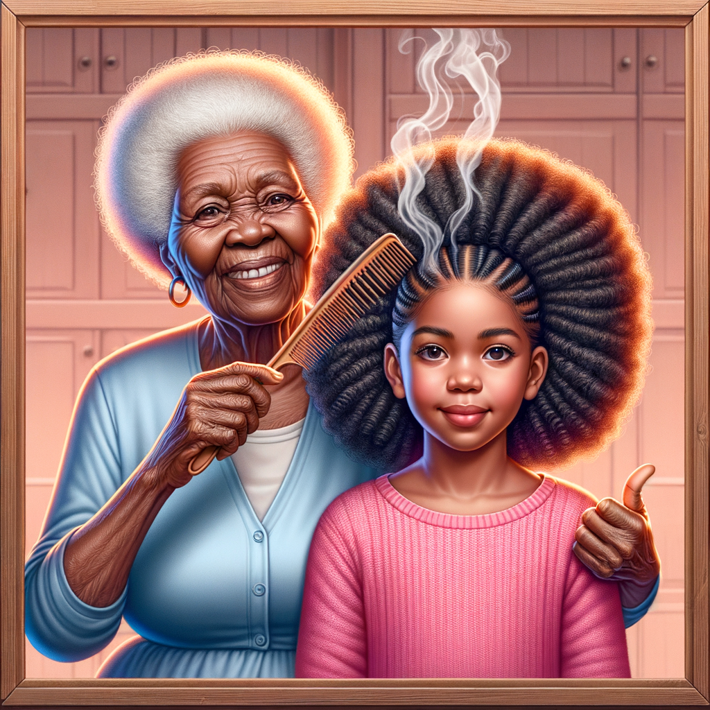 Create a realistic 3-D image of an african-American grandmother in the kitchen with her african-American granddaughter. The grandmother has a hot comb in her hair and she is straightening her granddaughters hair. One side of her granddaughters hair is in  a Afro the other is bone straight 
There is smoke coming from the hot comb